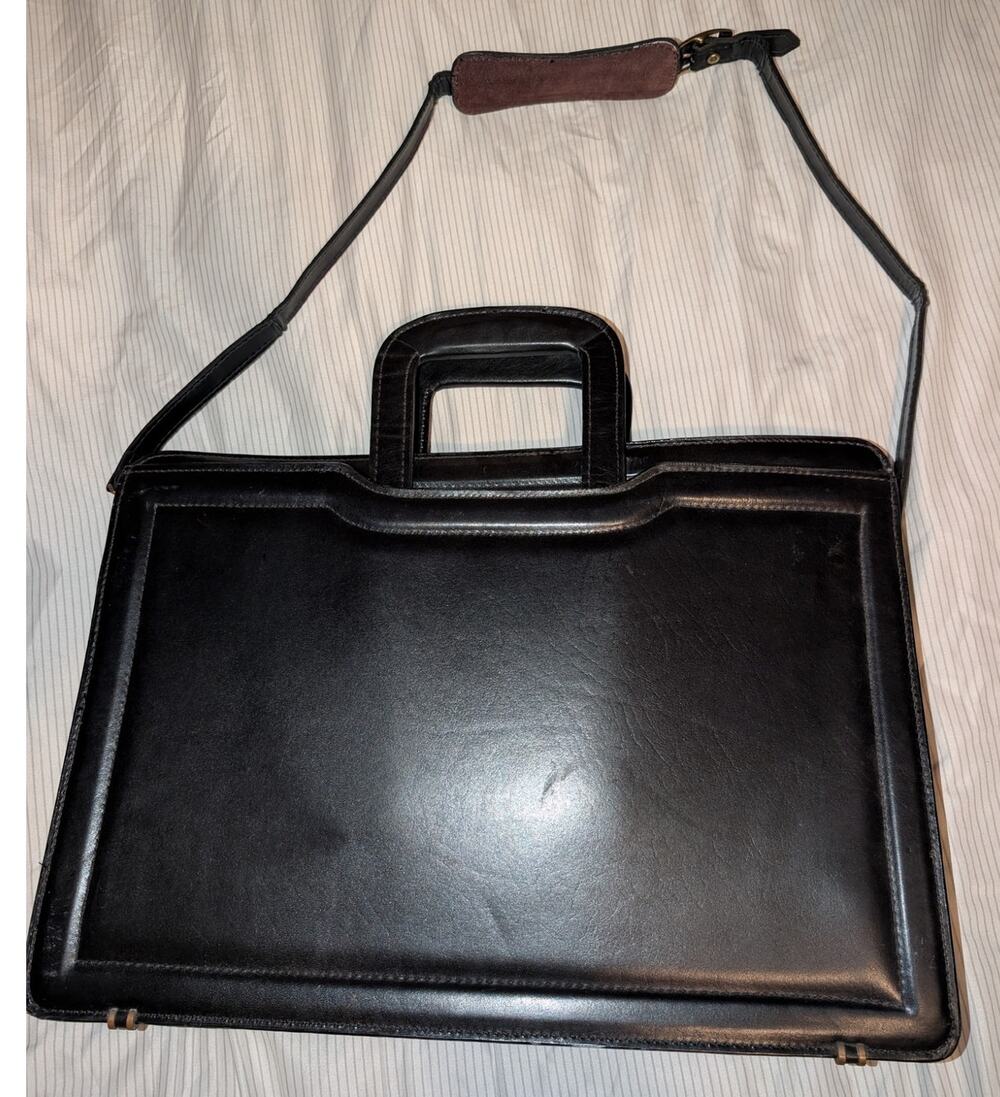 Vintage Thick Leather Attache Case Multi Compartments 17x12 Black